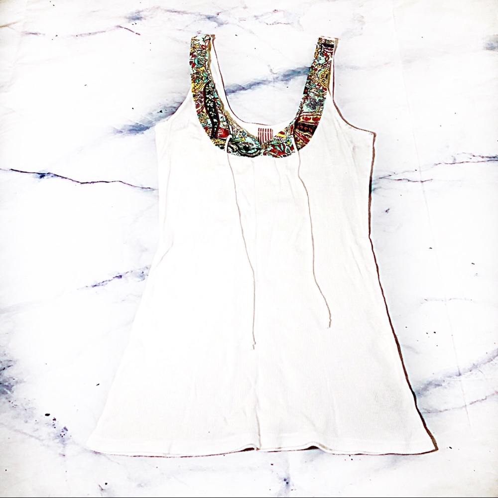 Free People White & Floral Neckline Tank Top